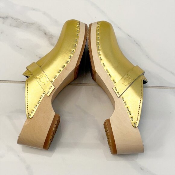 Sandgrens Handmade Swedish Metallic Gold Wood Clogs Low Heel Mule 8 - Picture 6 of 12